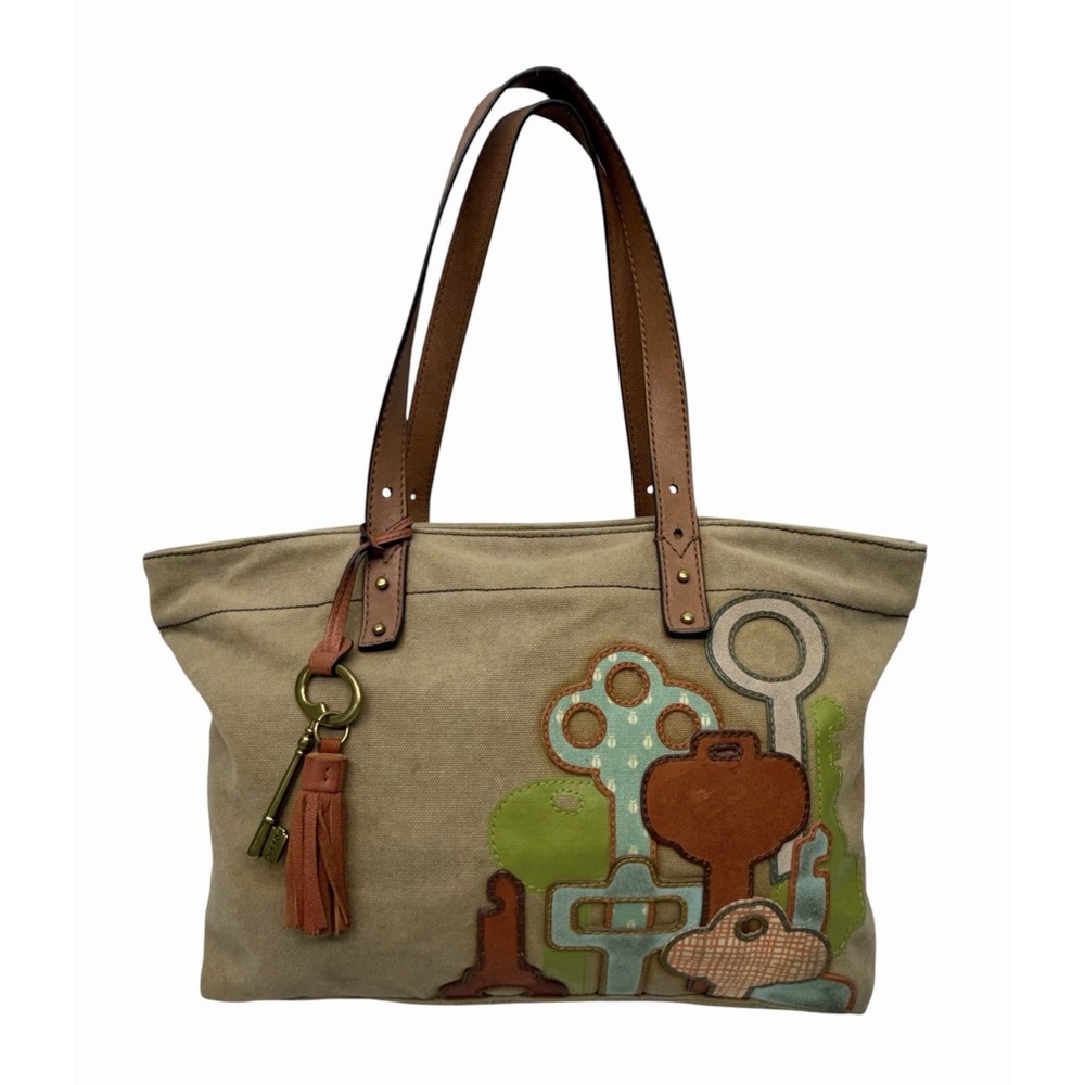 FOSSIL Large Jules Key Tote Tan Canvas Leather Handles Brass Key Tassel